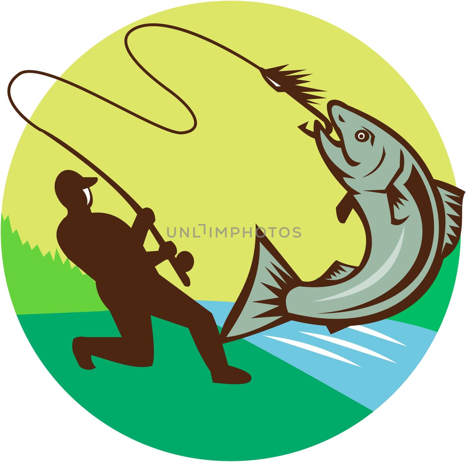 Illustration of a fly fisherman fishing casting rod and reel hooking salmon viewed from the side set inside circle with river sea in the background done in retro style