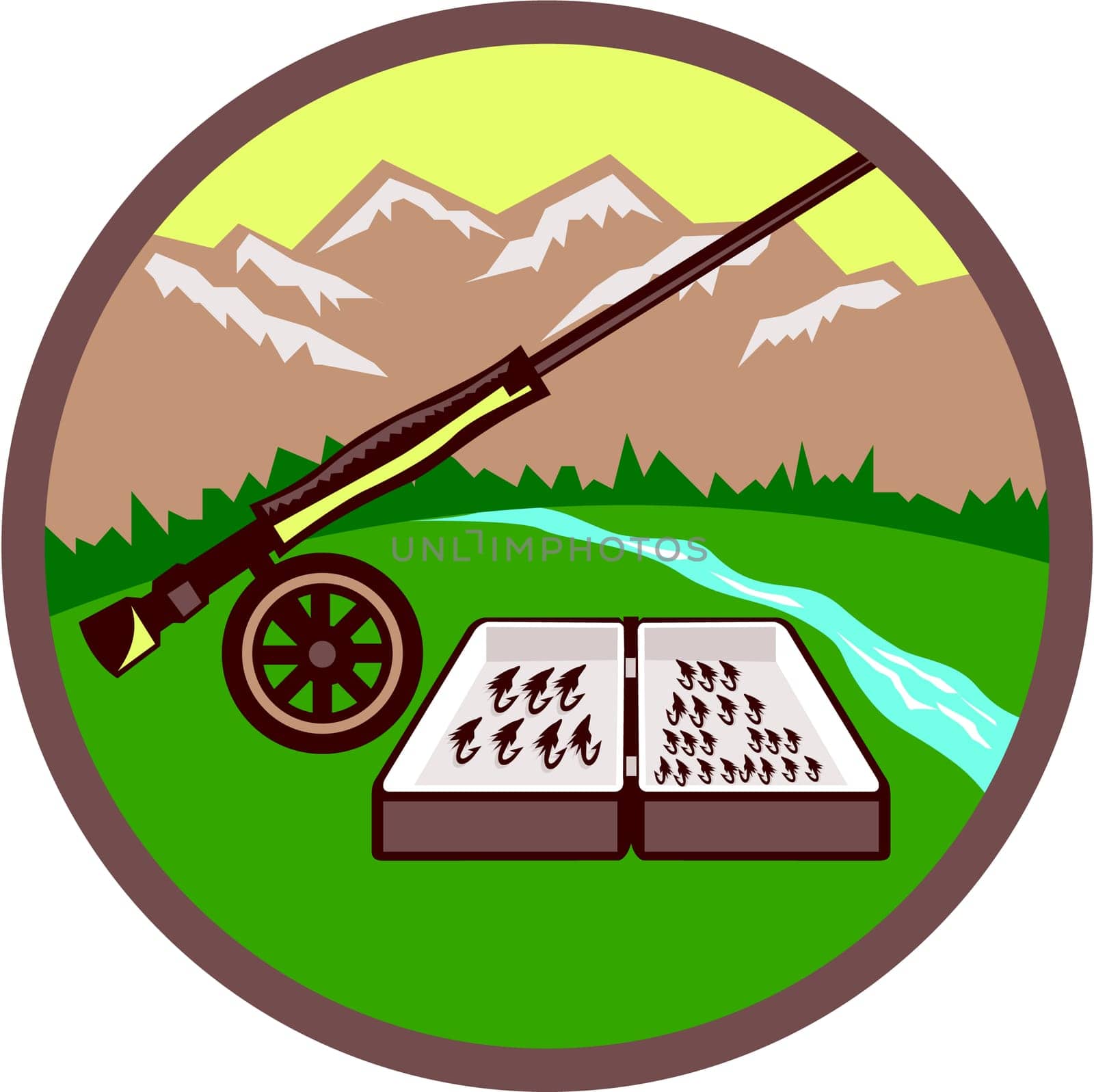Illustration of a fly box and rod on wheel set inside circle with mountains, grass, trees and river in the background done in retro style.