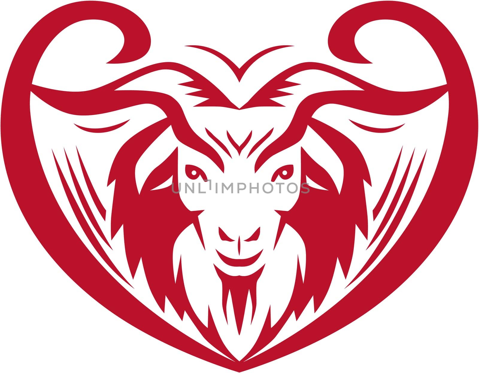 Illustration of a cashmere goat head viewed from front set inside heart shape on isolated white background done in retro style.