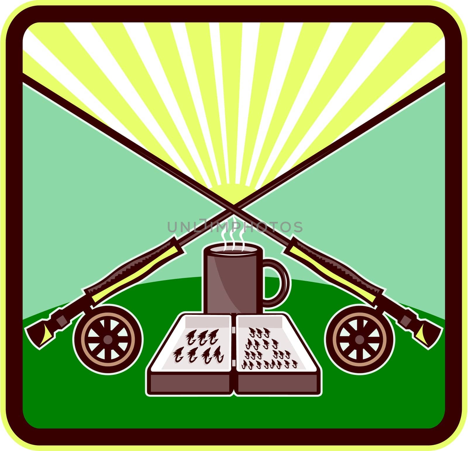 Illustration of a fly box, mug with crossed fly rods on wheels set inside rectangle shape with sunburst in the background done in retro style.