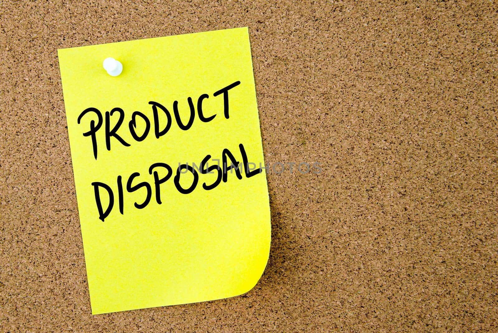 Product Disposal text written on yellow paper note pinned on cork board with white thumbtack. Business concept image with copy space available