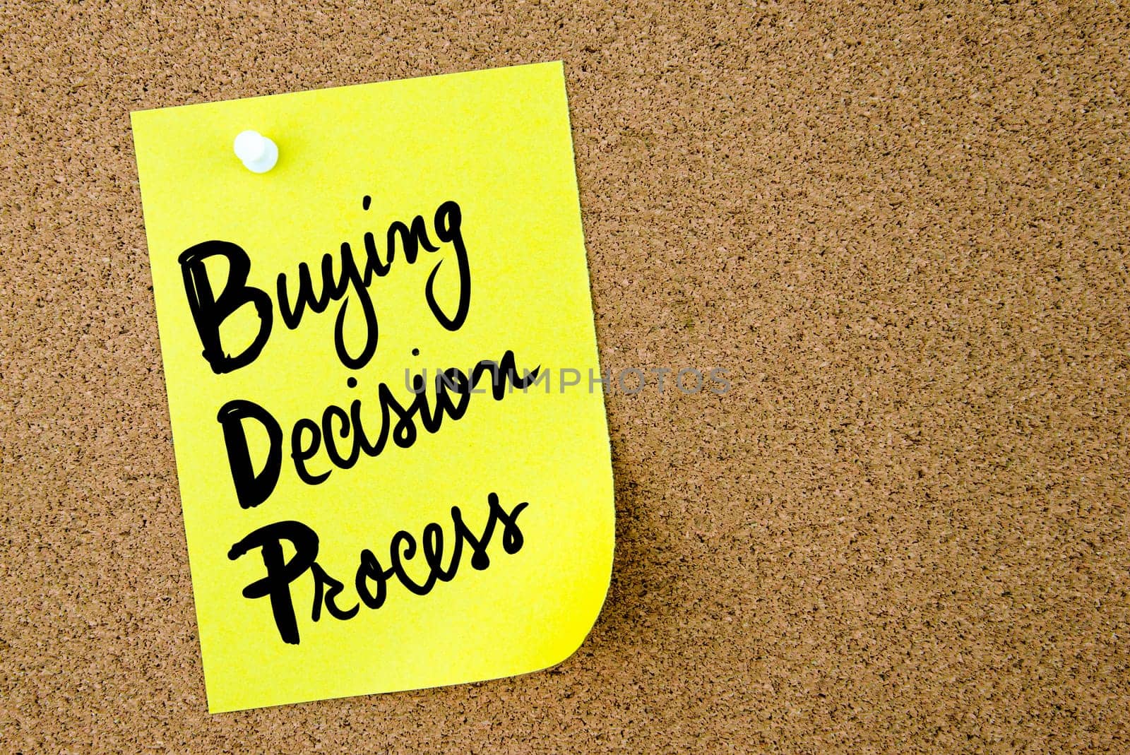 Buying Decision Process text written on yellow paper note pinned on cork board with white thumbtack. Business concept image with copy space available
