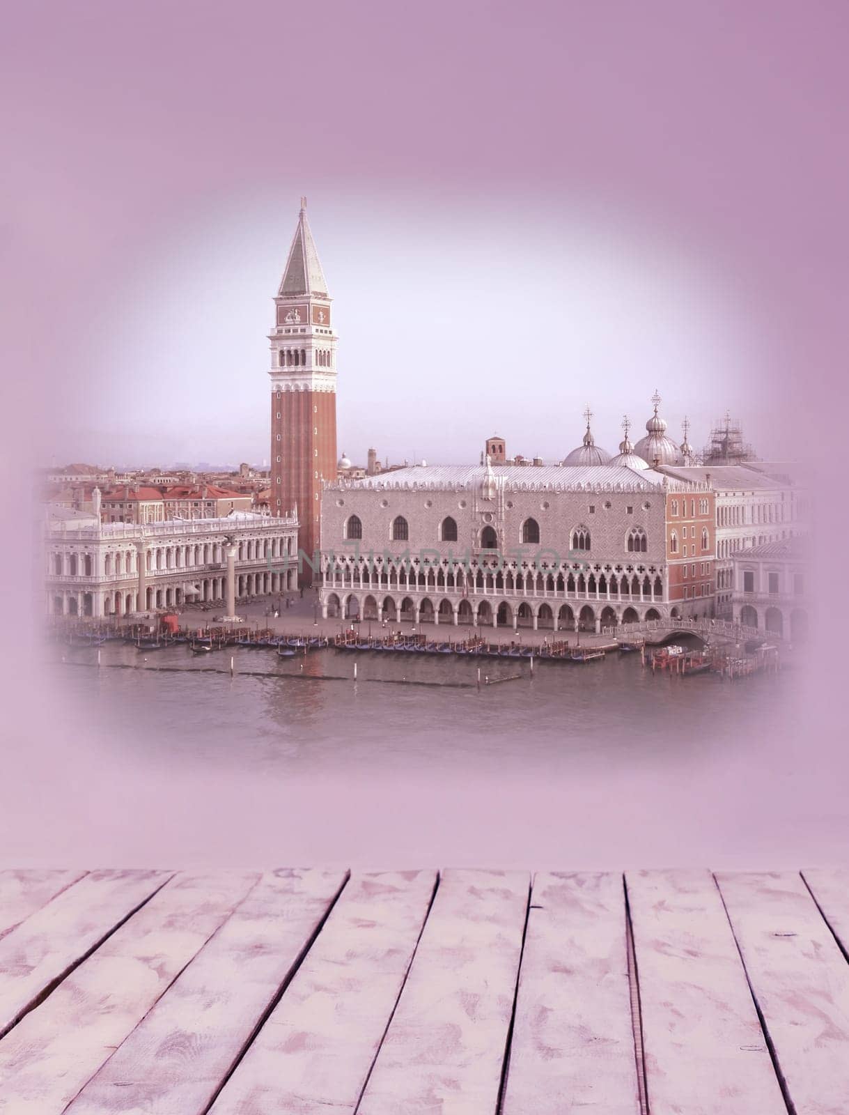 Collage of images of Venice in pink and lilac shades and retro stile. Venice, Italy, Europe