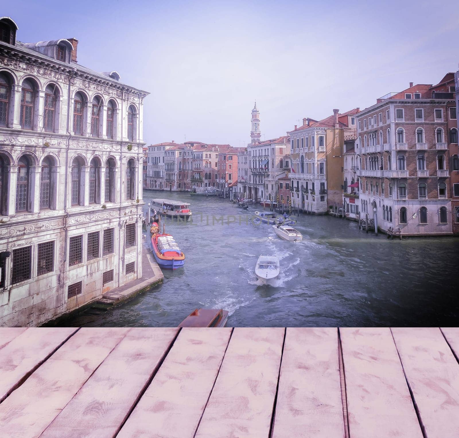 Collage of images of Venice in pink and lilac shades and retro stile. Venice, Italy, Europe