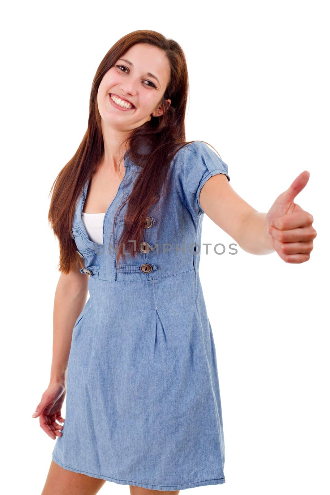 Portrait of cute teen girl showing thumbs up, isolated on white background