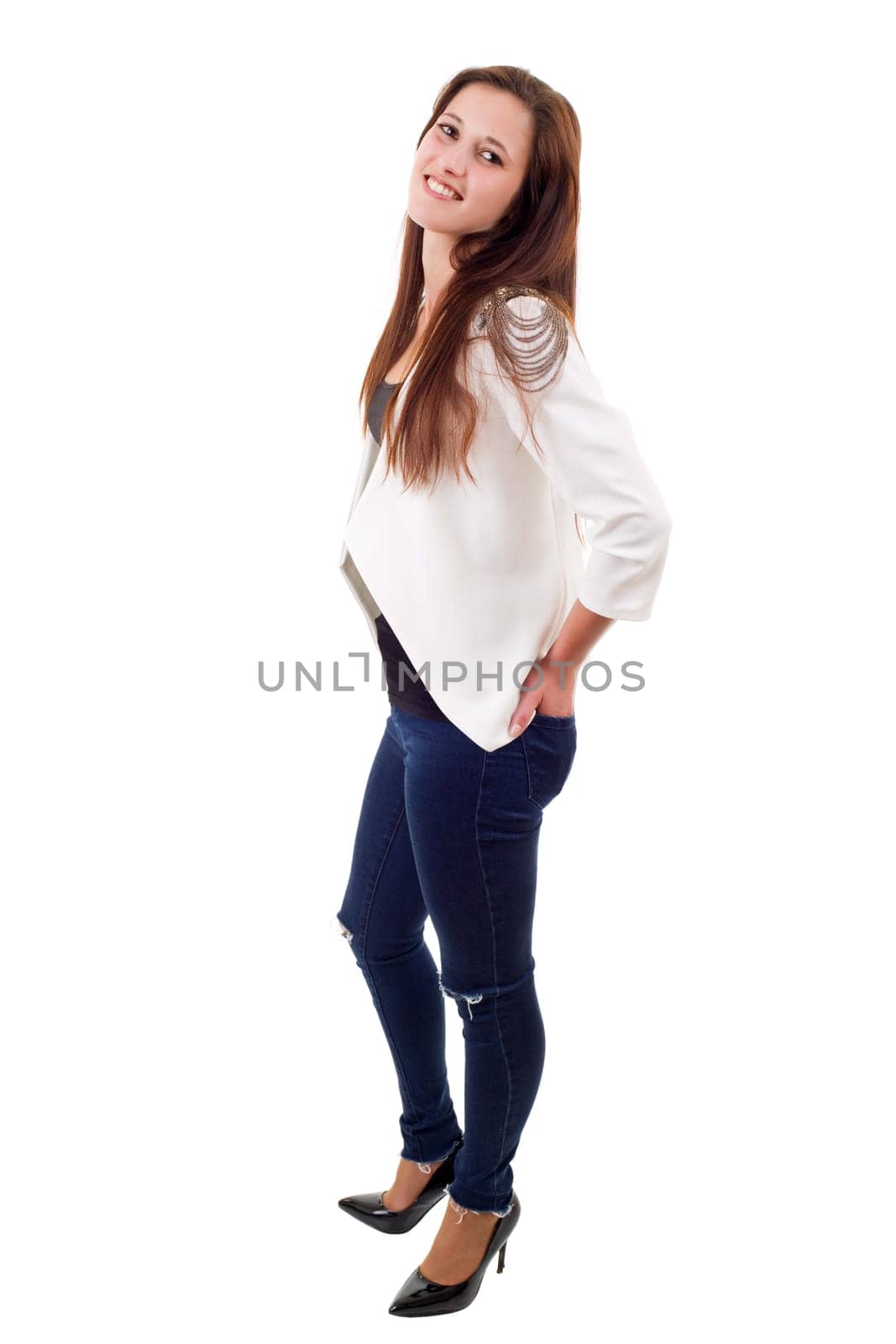 young casual beautiful woman, isolated in white