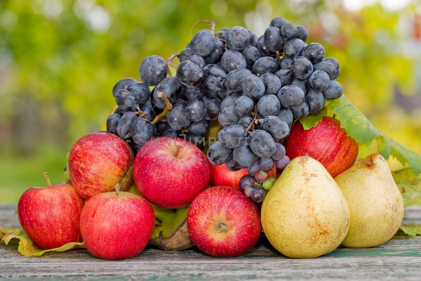 fruits in wooden table outdoor in the garden