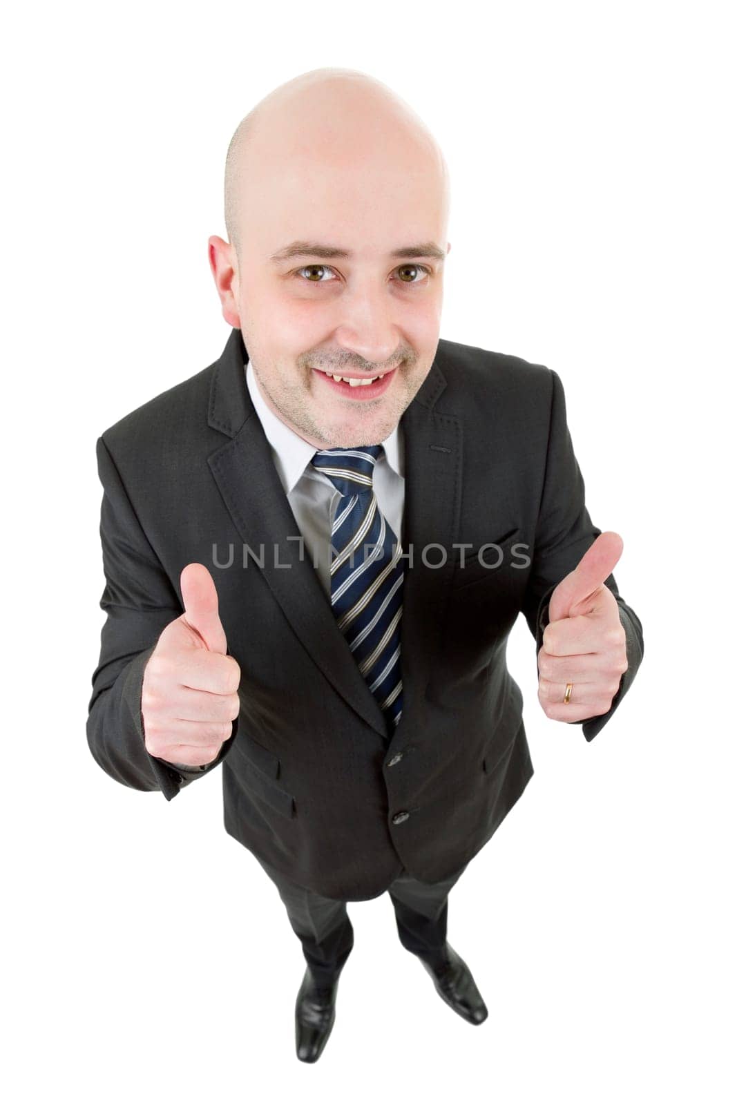 young businessman full body going thumbs up, isolated on white background