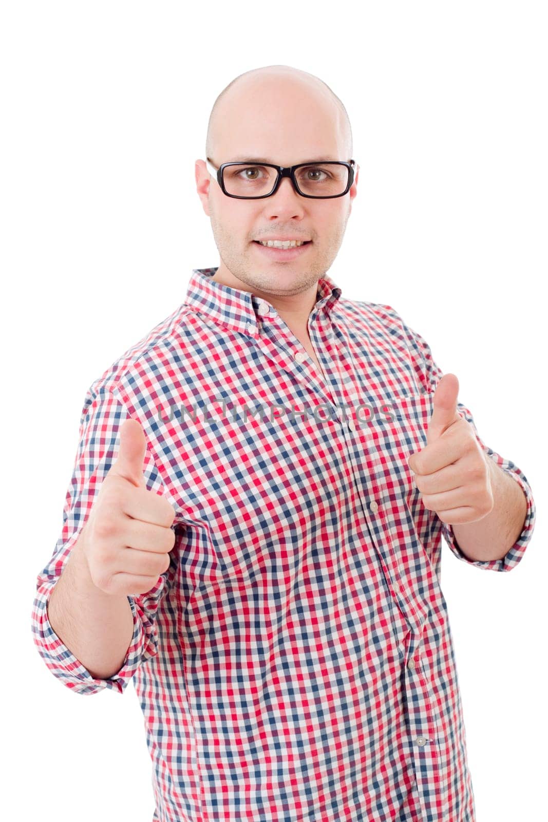 Young casual man going thumbs up, isolated on white background