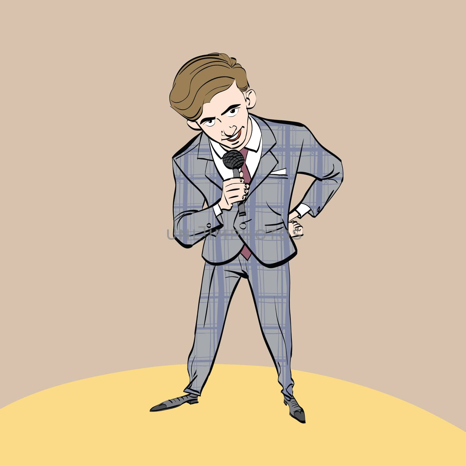 broadcaster, journalist or singer with microphone, hand drawn line art illustration. Shows and TV