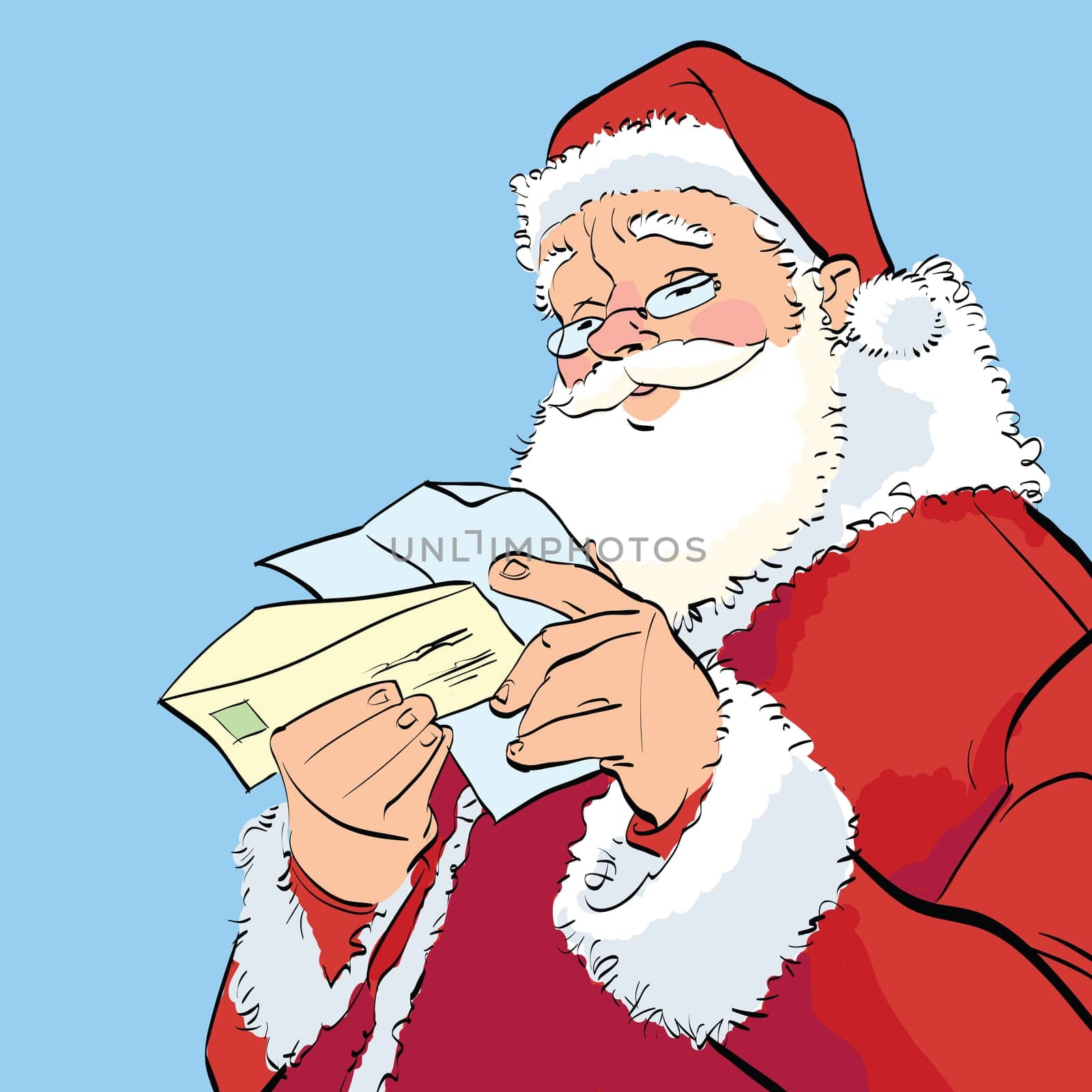 Santa Claus reading a Christmas letter, hand drawn line art illustration