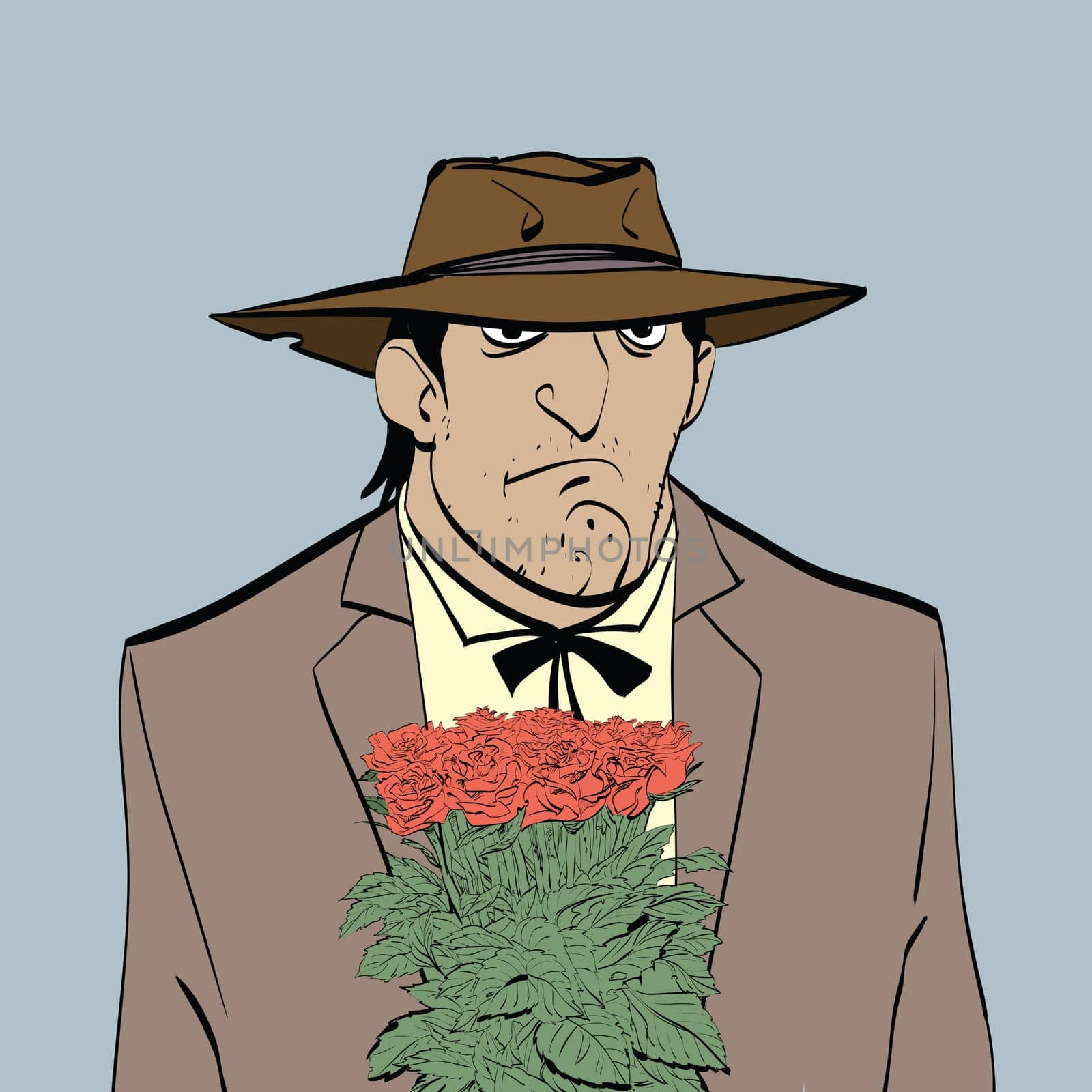 Retro male Hispanic with a bouquet of flowers, hand drawn line art illustration. Latin gentleman