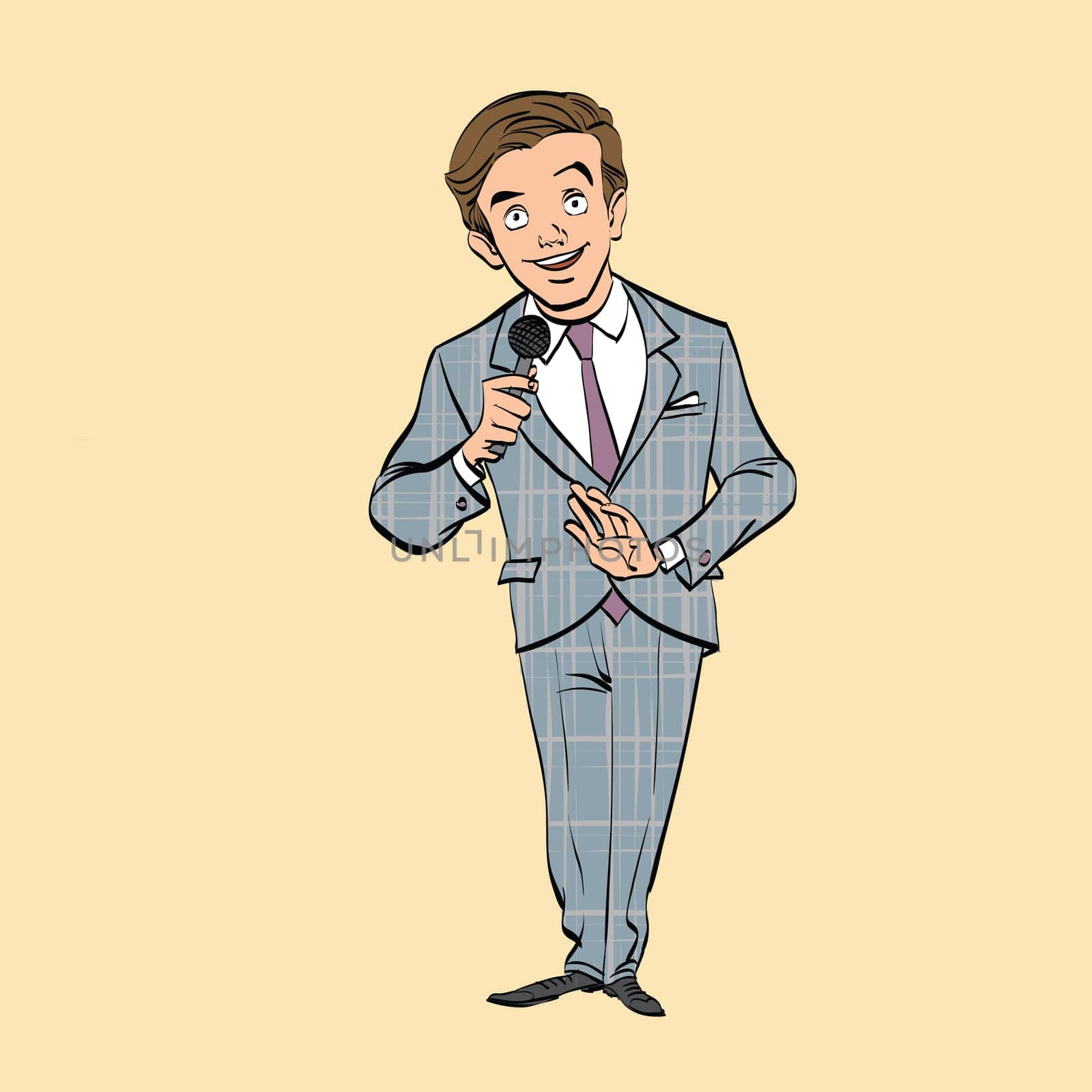 broadcaster, journalist or singer with microphone, hand drawn line art illustration. Shows and TV