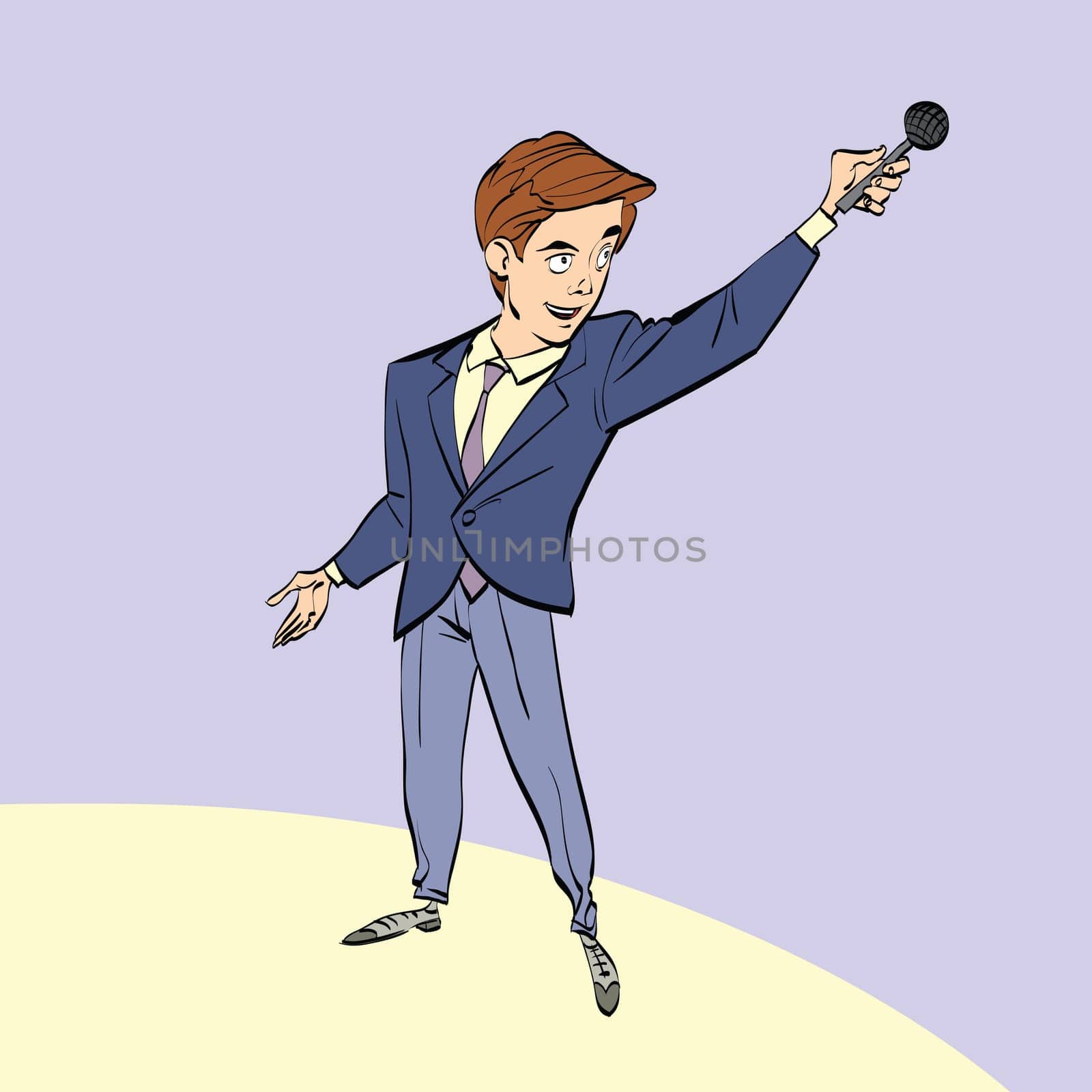 broadcaster, journalist or singer with microphone, hand drawn line art illustration. Shows and TV