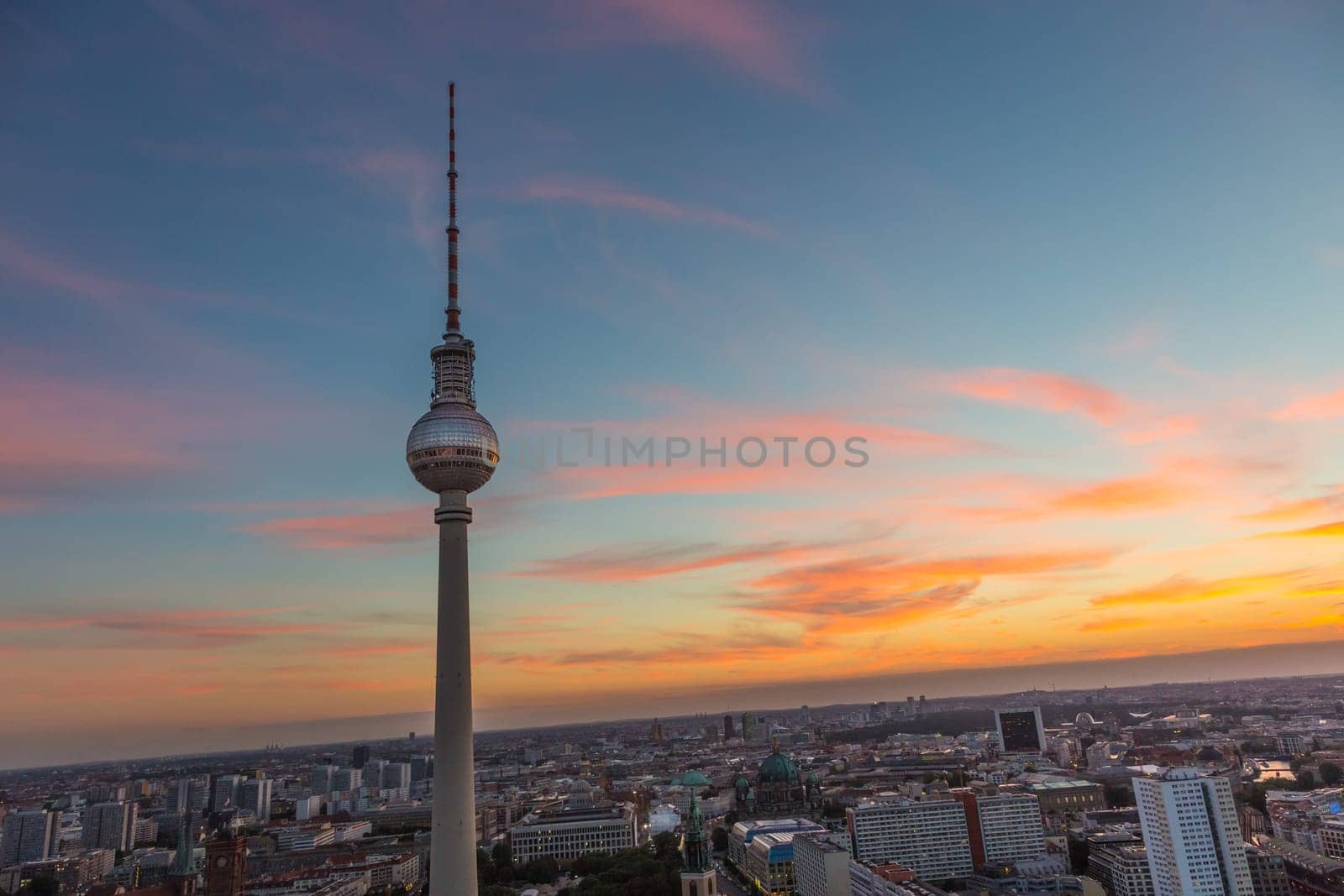 Panoramic view over Berlin at dusk from roof of the Hotel Park Inn Berlin.