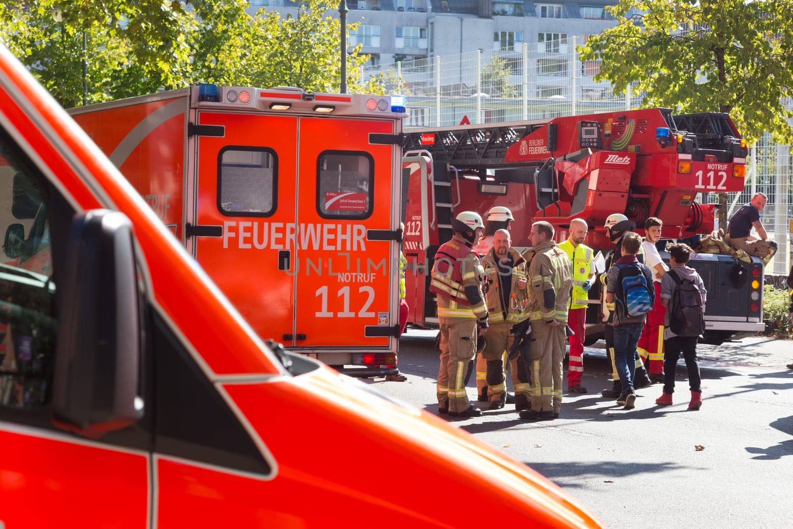 Gerlin, Germany - Sept 19: Big coordinated intervention of paramedics, police, and firefighters when chemistry accident happened in school in Kreuzberg on 19th of September ,2016 in Berlin, Germany.