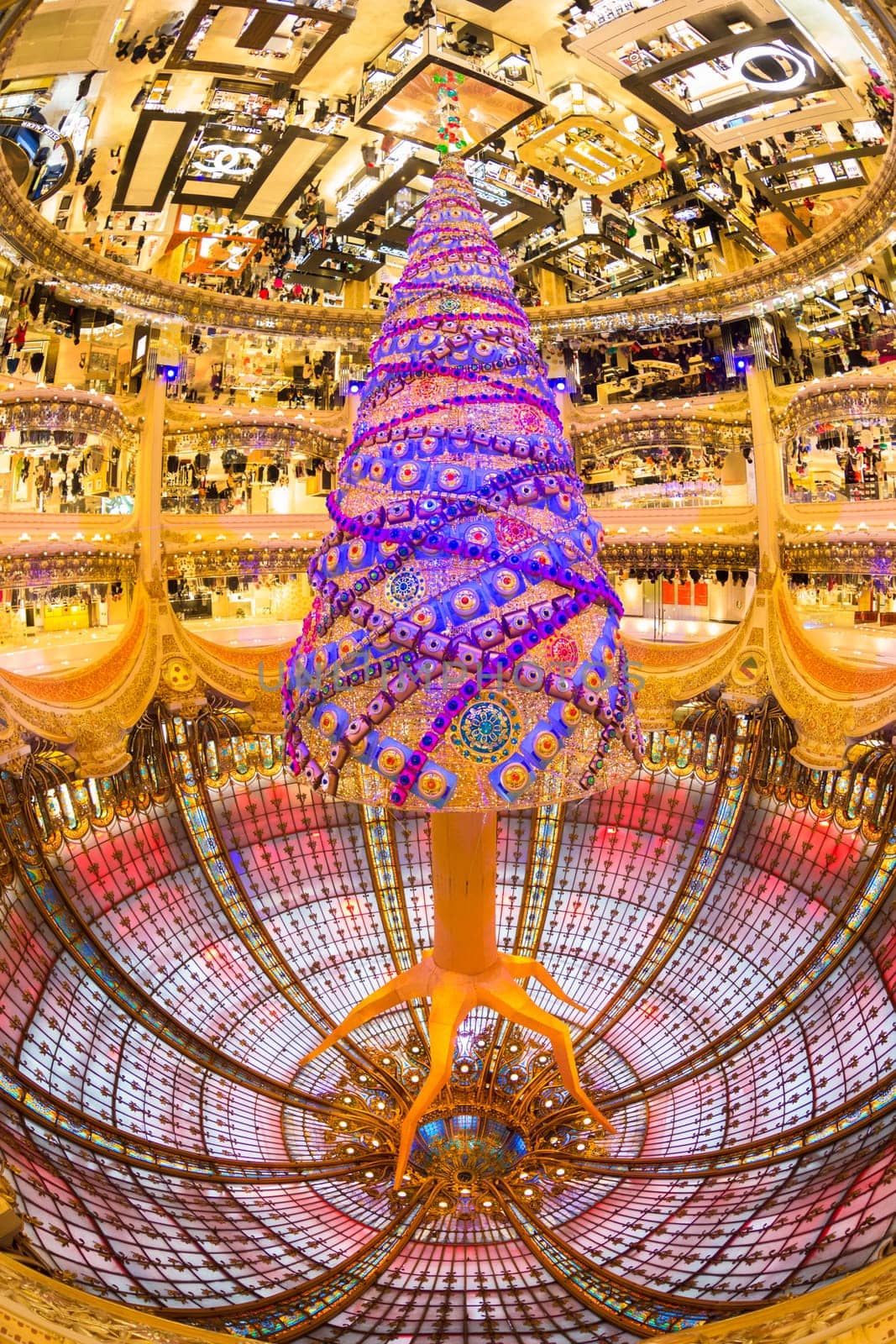 Paris, France - December 1, 2014: Upside down Swarovski christmas tree at the famous Galeries Lafayette department store on the Boulevard Haussmann on December 1th, 2014.