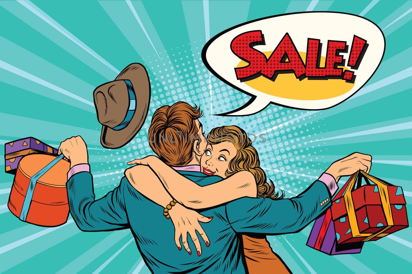 Happy husband and wife on sale, pop art retro vector illustration