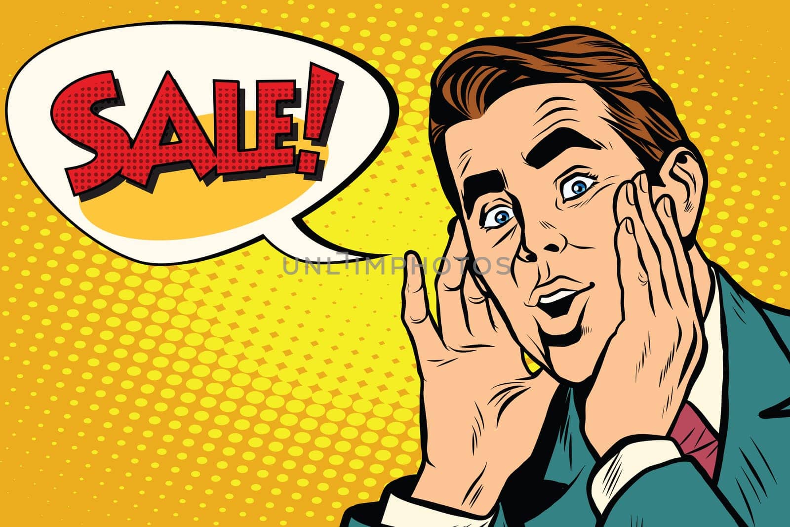 Wow man sale pop art illustration, retro vector. Business and holiday discounts