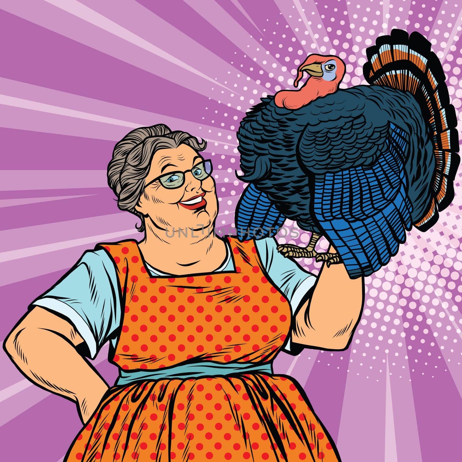 Holiday grandma with a live Turkey, pop art retro vector illustration. The symbol of thanksgiving day