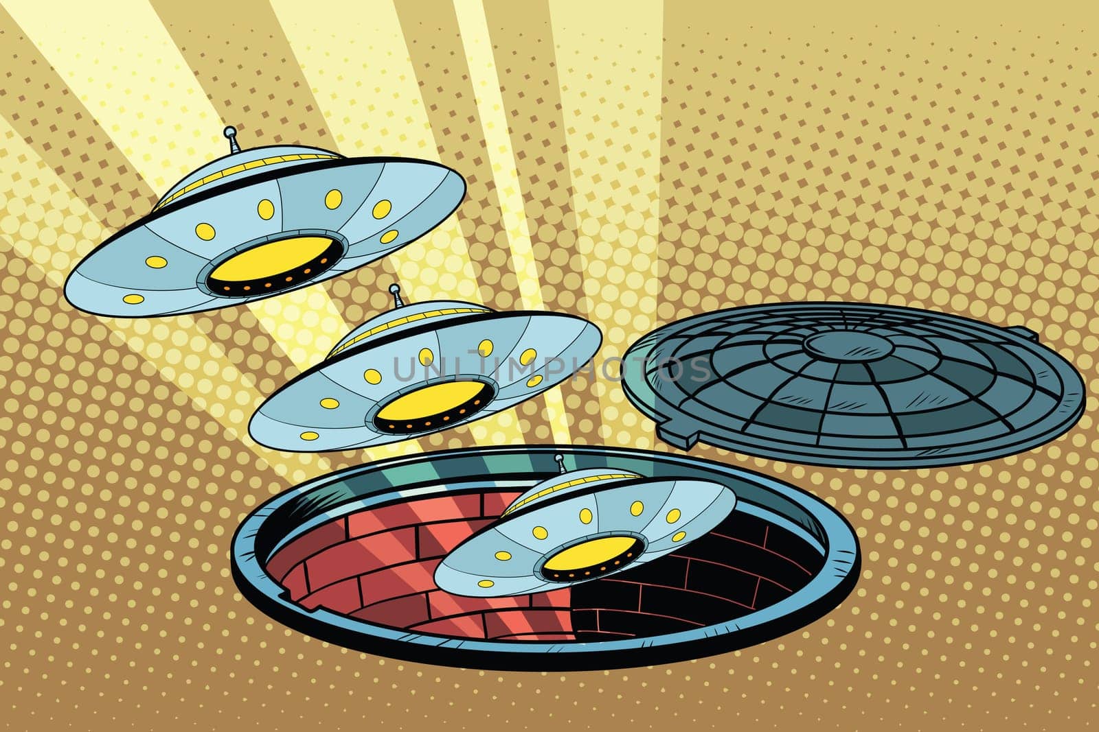 UFOs fly out of the sewers, pop art retro vector illustration