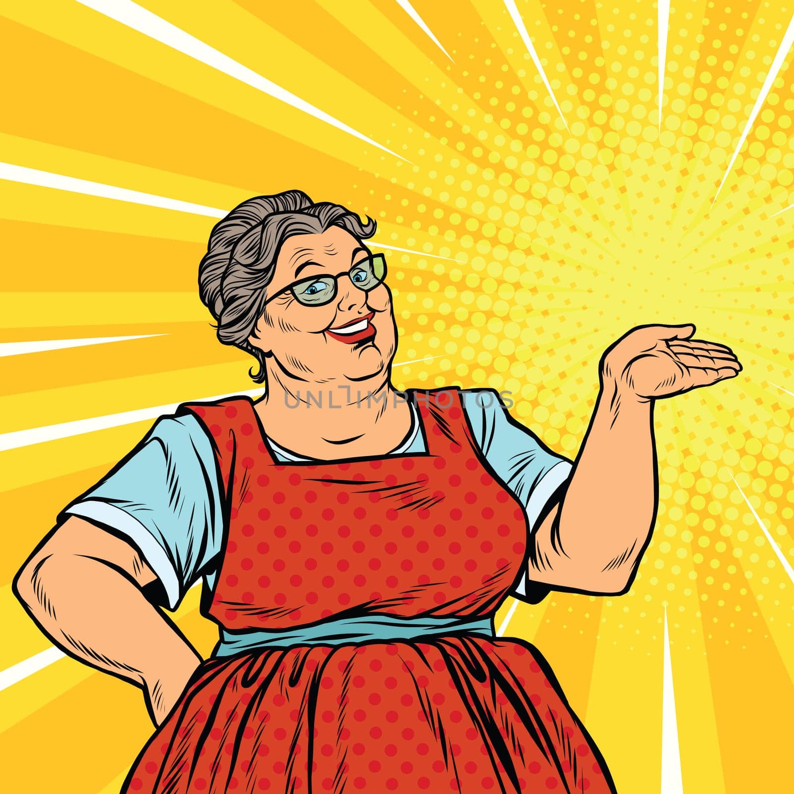 Joyful woman grandma promoter, pop art retro vector illustration. Old sweet woman advertises