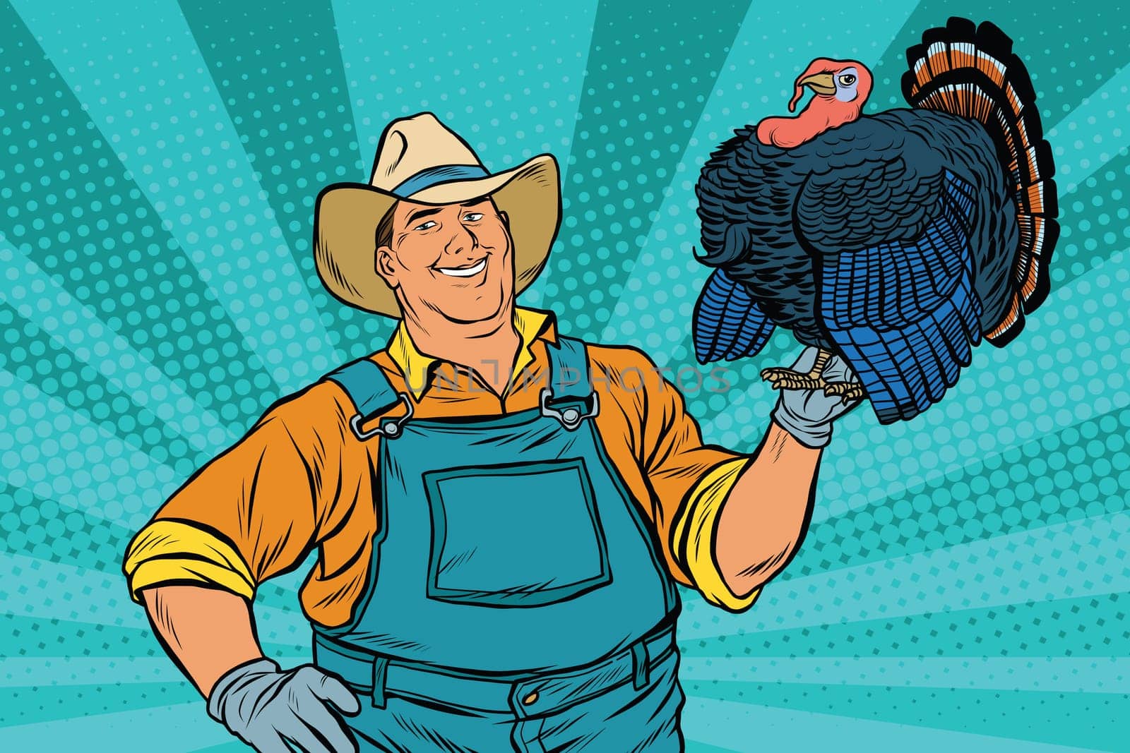 Rural retro farmer with a beautiful living Turkey, pop art vector illustration. Seasonal holiday thanksgiving. Farm bird