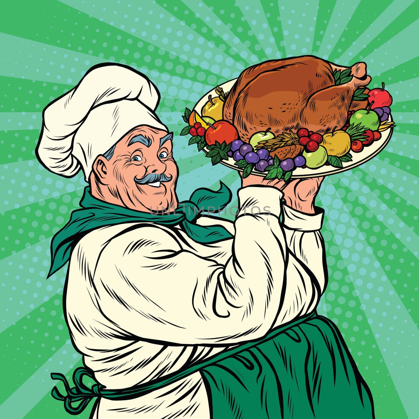 Chef with a dish roast Turkey, pop art retro vector illustration. Christmas or thanksgiving holiday dinner