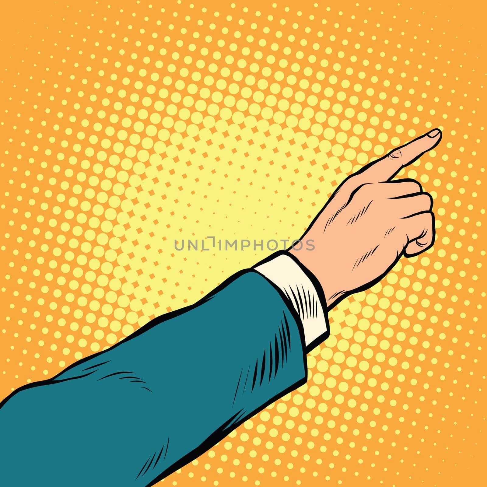 Retro hand pointing to the right up, pop art vector illustration