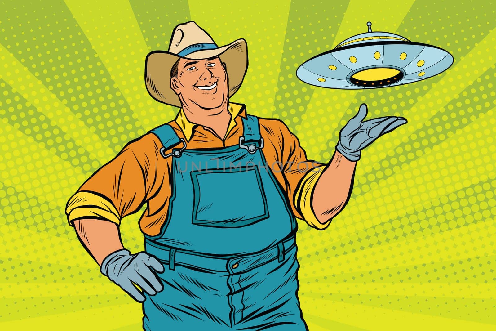 Rural farmer and UFO, pop art retro vector illustration. legends and myths