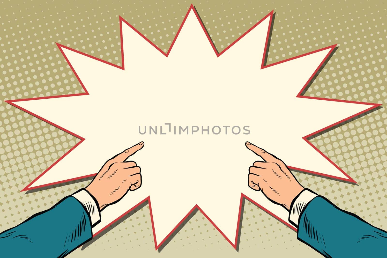 Retro hand pointing to the center, pop art vector illustration