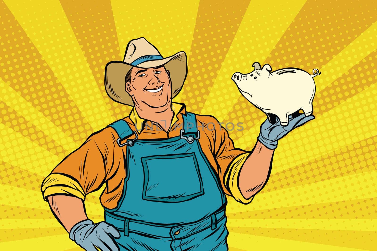 Rural retro farmer with a pig-piggy Bank. pop art retro vector illustration. Money and Finance