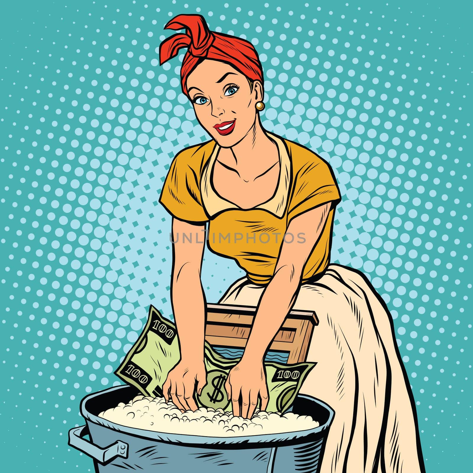 money laundering business concept, retro woman washes the dollar, pop art vector illustration