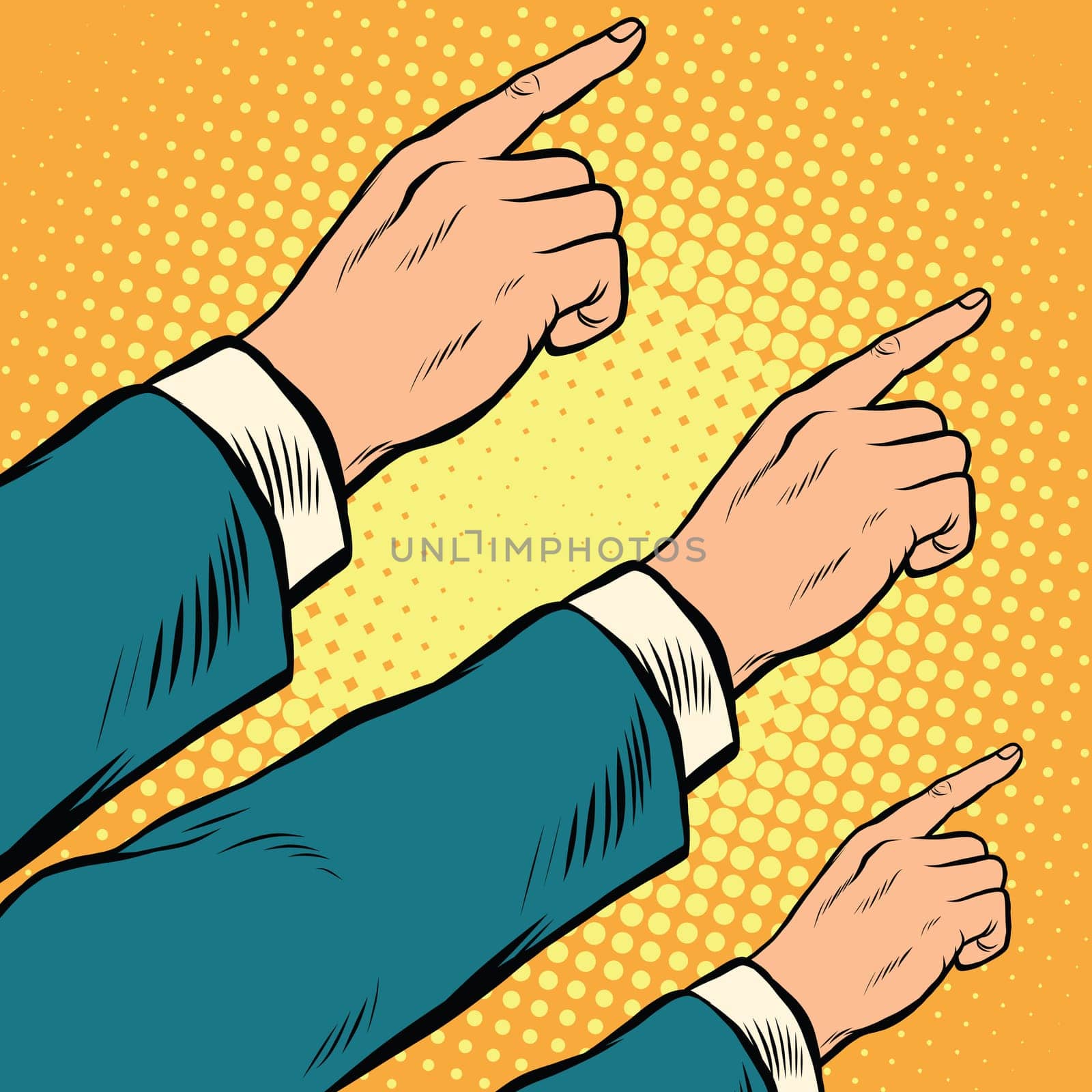 Retro hands pointing to the right up, pop art vector illustration