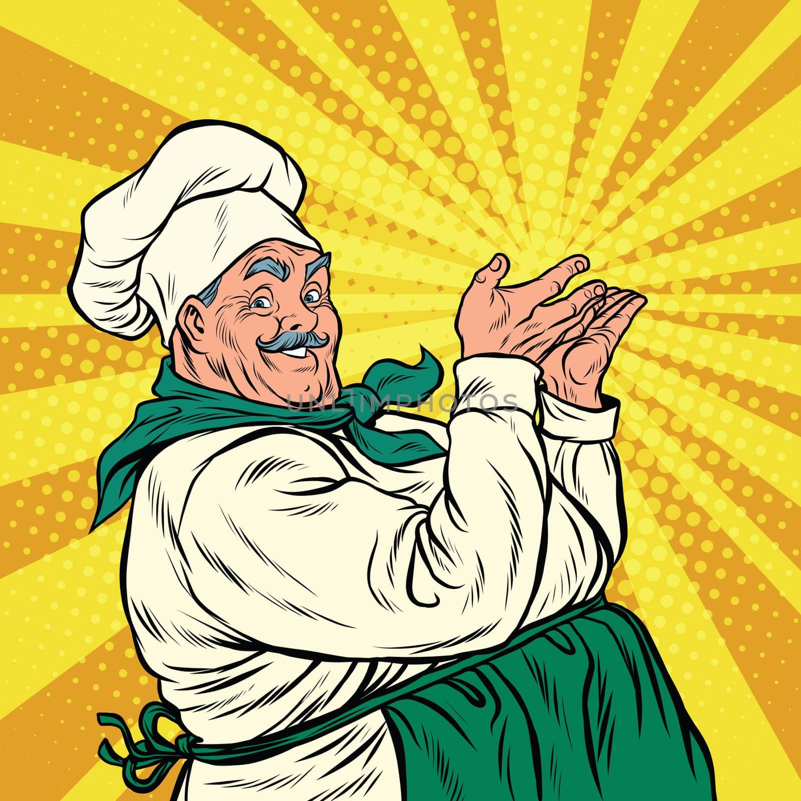 Chef professional pose presenting, pop art retro vector illustration. Smiling cooking