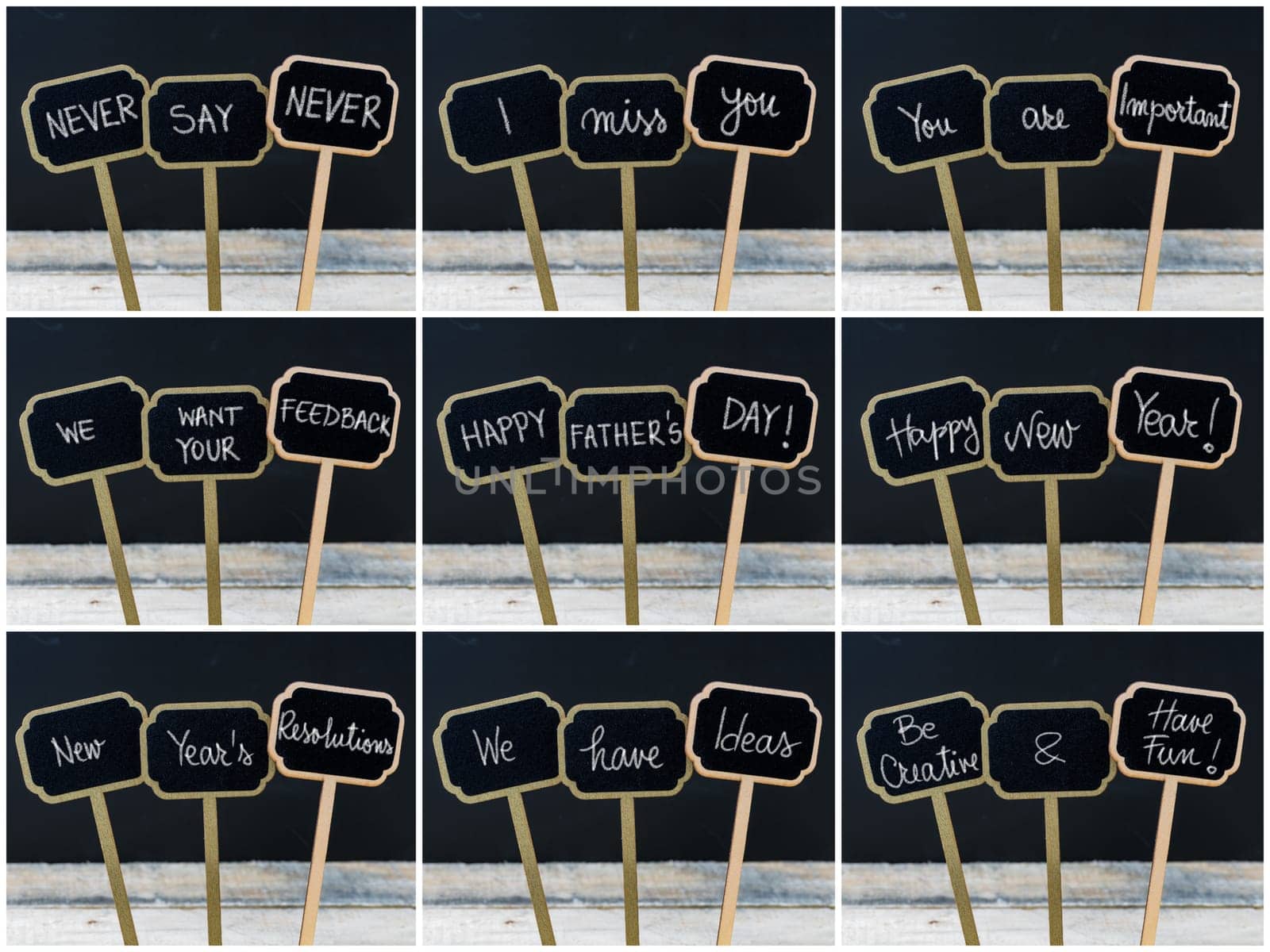 Photo collage of various greeting and motivational messages written with chalk on wooden mini blackboard labels, defocused chalkboard and wood table in background
