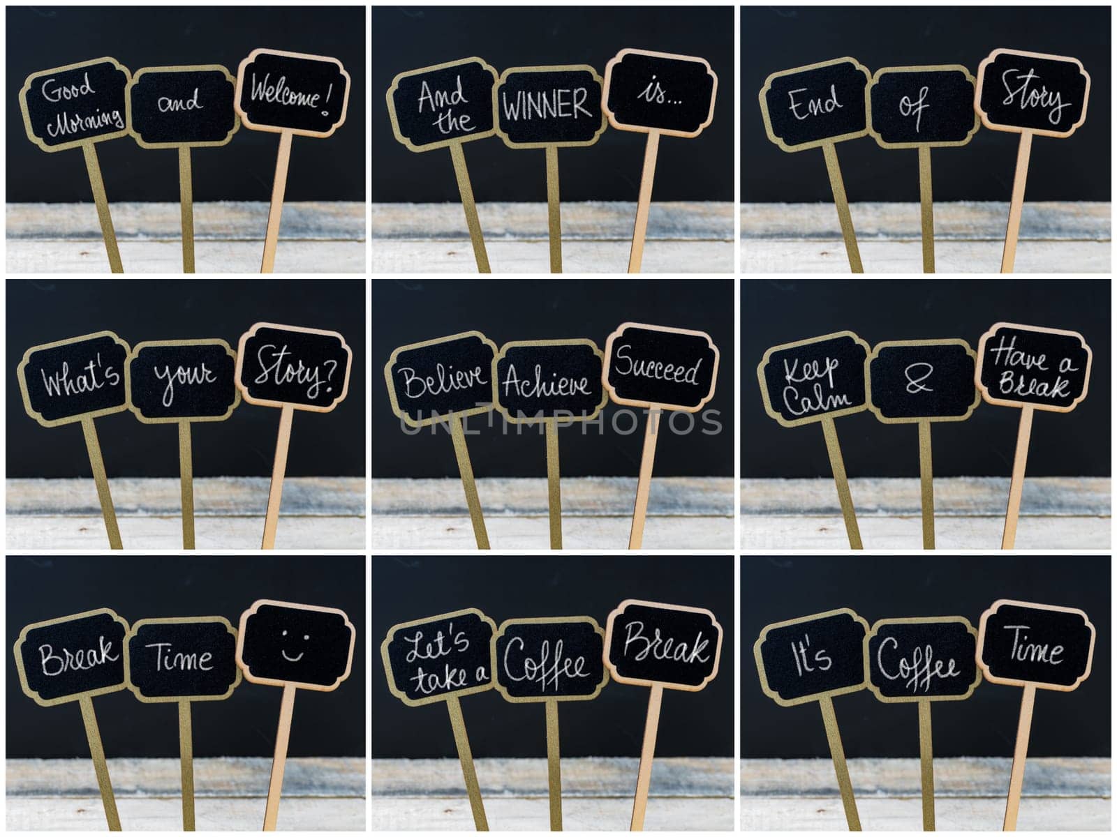 Photo collage of various greeting and motivational messages written with chalk on wooden mini blackboard labels, defocused chalkboard and wood table in background