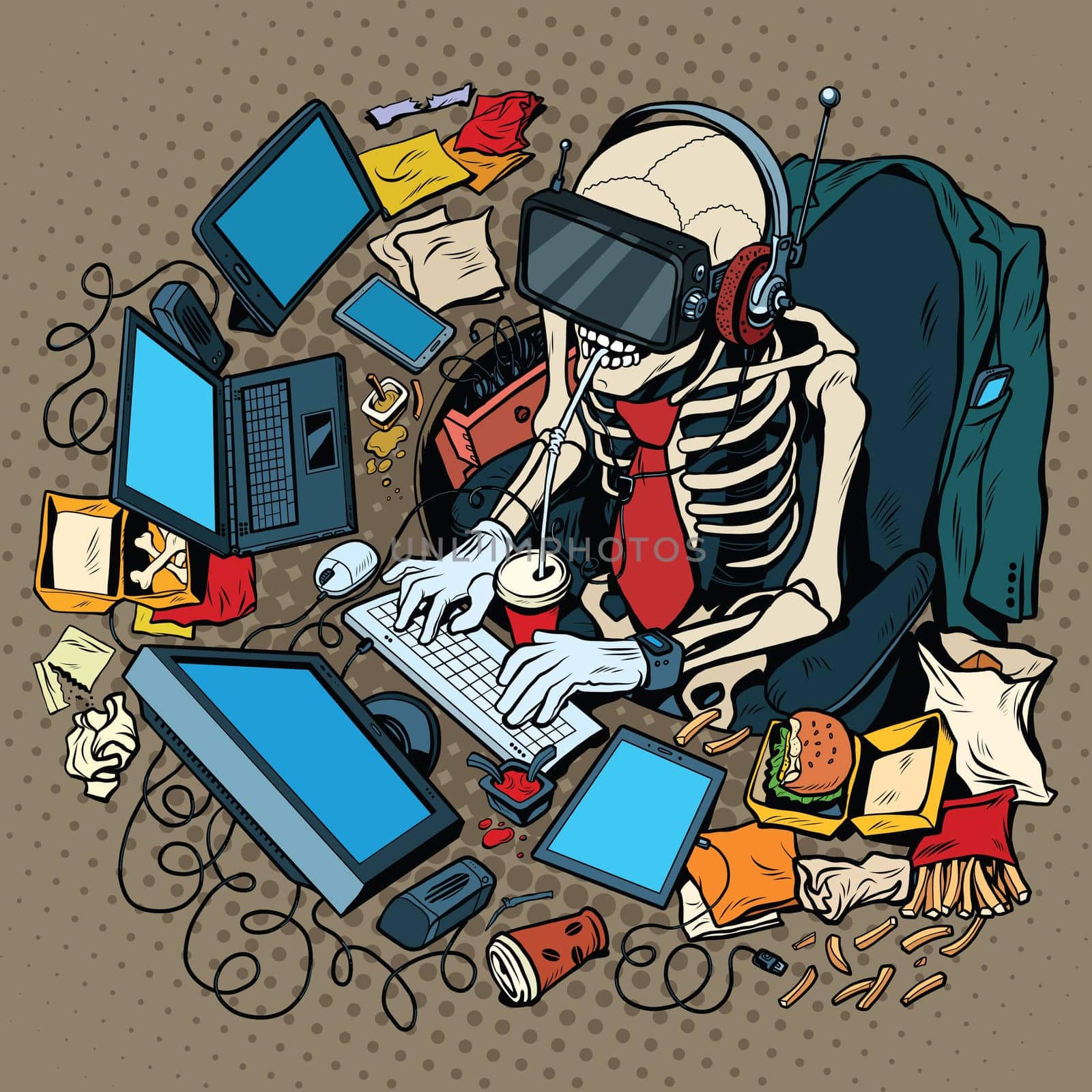 The skeleton programmer in virtual reality, pop art retro vector illustration. Work on the computer and games. Humorous concept of engagement in new technologies