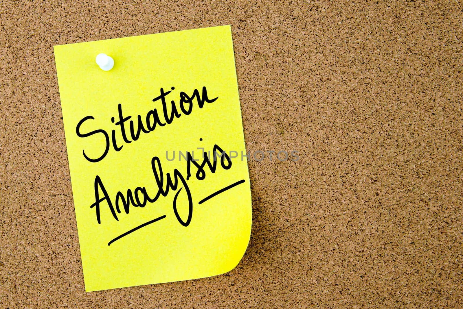 Situation Analysis text written on yellow paper note pinned on cork board with white thumbtack. Business concept image with copy space available