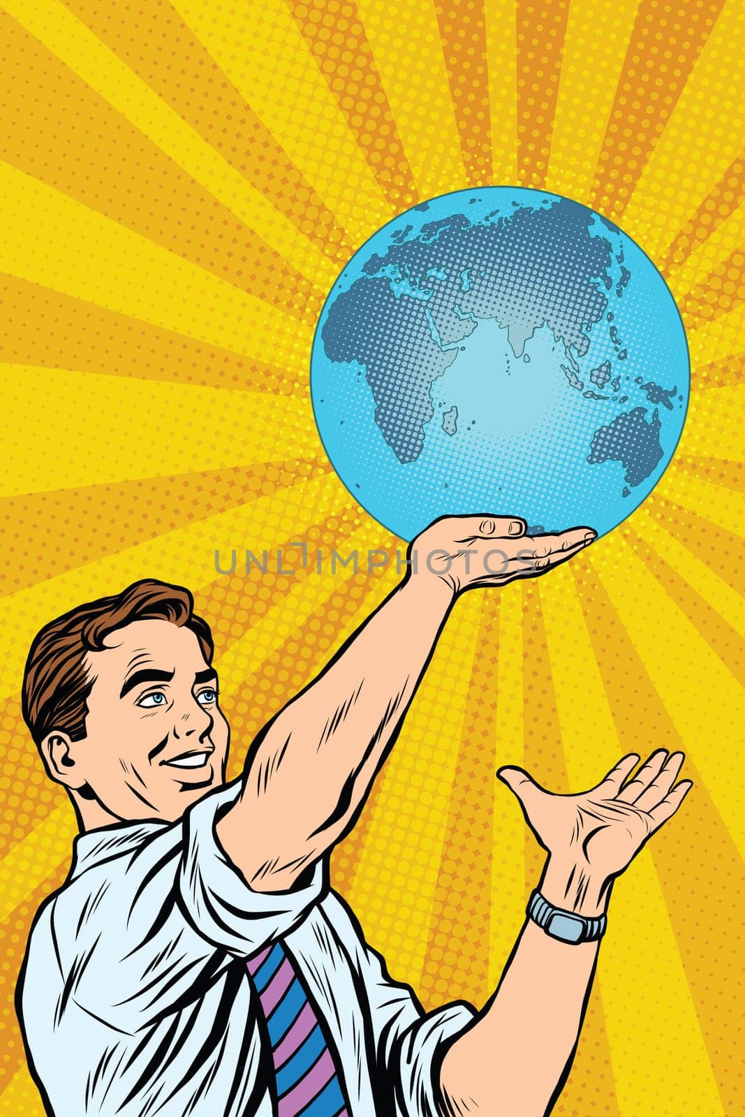 Man holding planet Earth in hand, pop art retro vector illustration