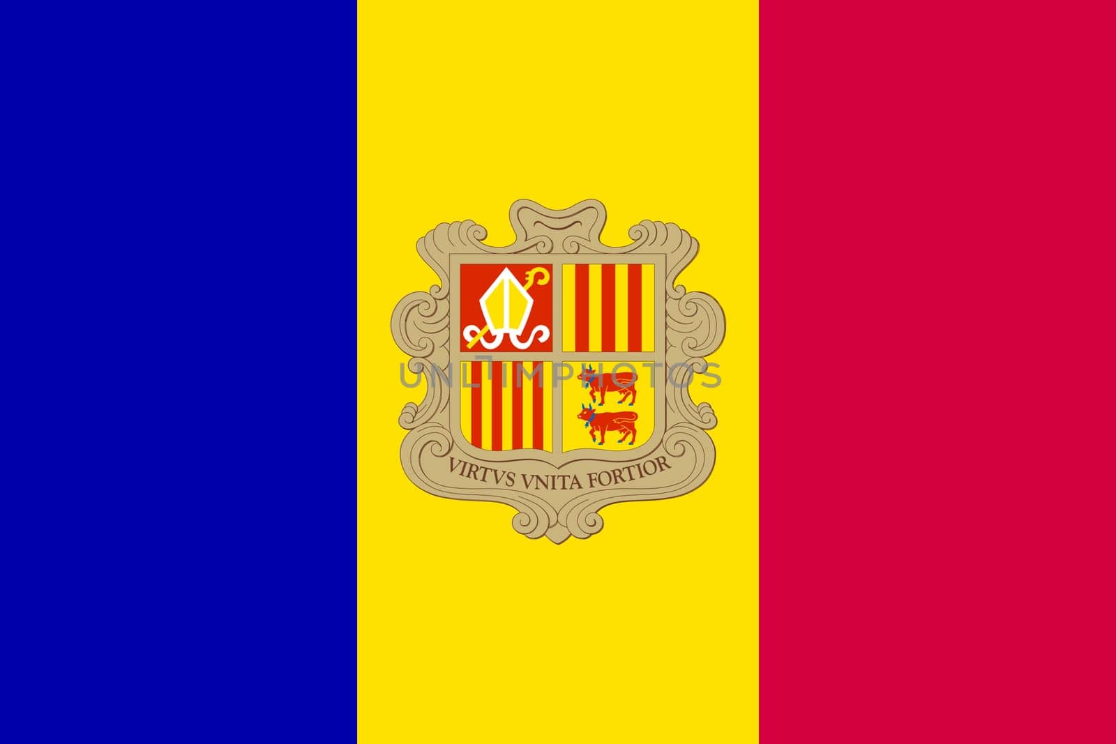 Andorran national official flag. Patriotic symbol, banner, element, background. Accurate dimensions. Flag of Andorra in correct size and colors, vector illustration