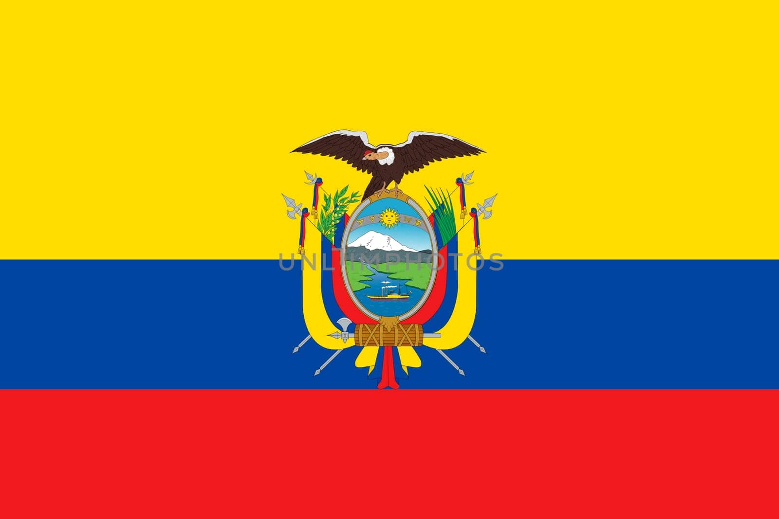 Ecuadorian national official flag. Patriotic symbol, banner, element, background. Accurate dimensions. Flag of Ecuador in correct size and colors, vector illustration