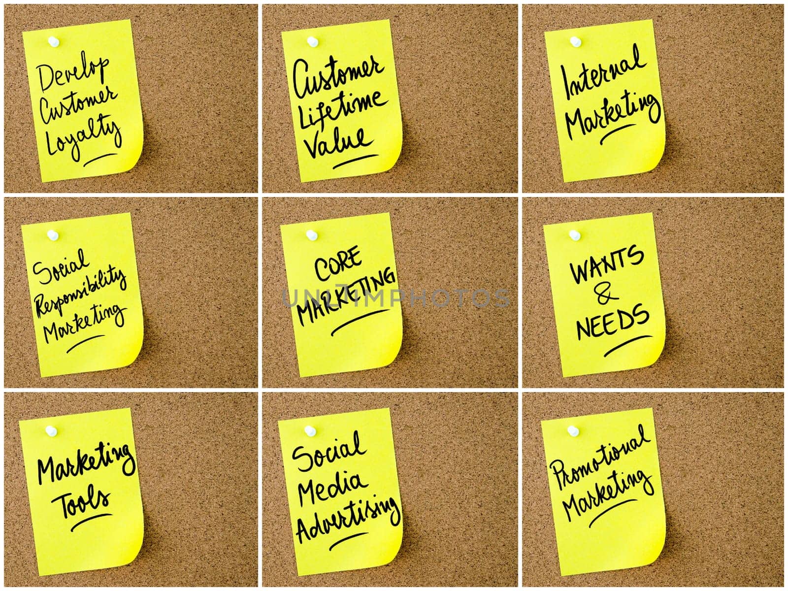 Photo collage of Business and Marketing notes written on yellow paper post-it pinned on cork board with white thumbtack. Business concept image with copy space available