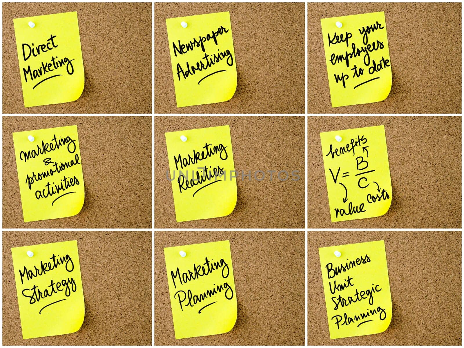 Photo collage of Business and Marketing notes written on yellow paper post-it pinned on cork board with white thumbtack. Business concept image with copy space available