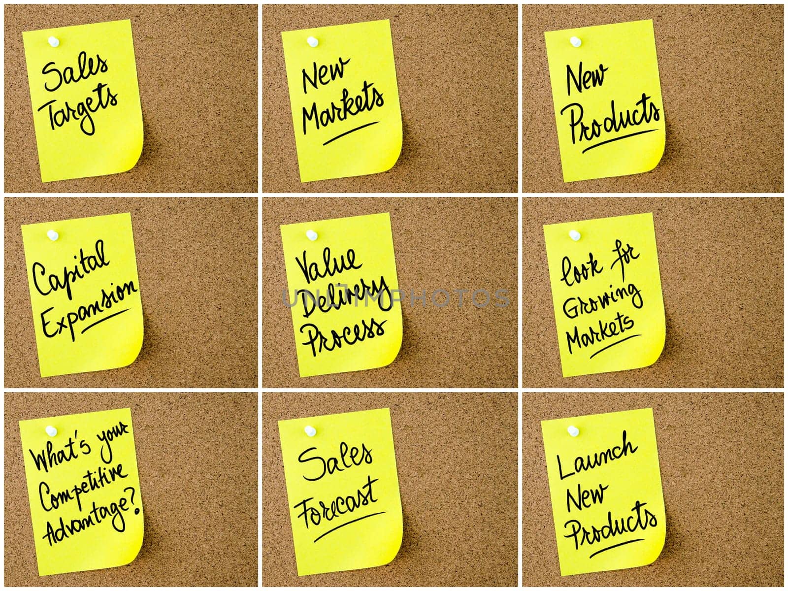 Photo collage of Business and Marketing notes written on yellow paper post-it pinned on cork board with white thumbtack. Business concept image with copy space available