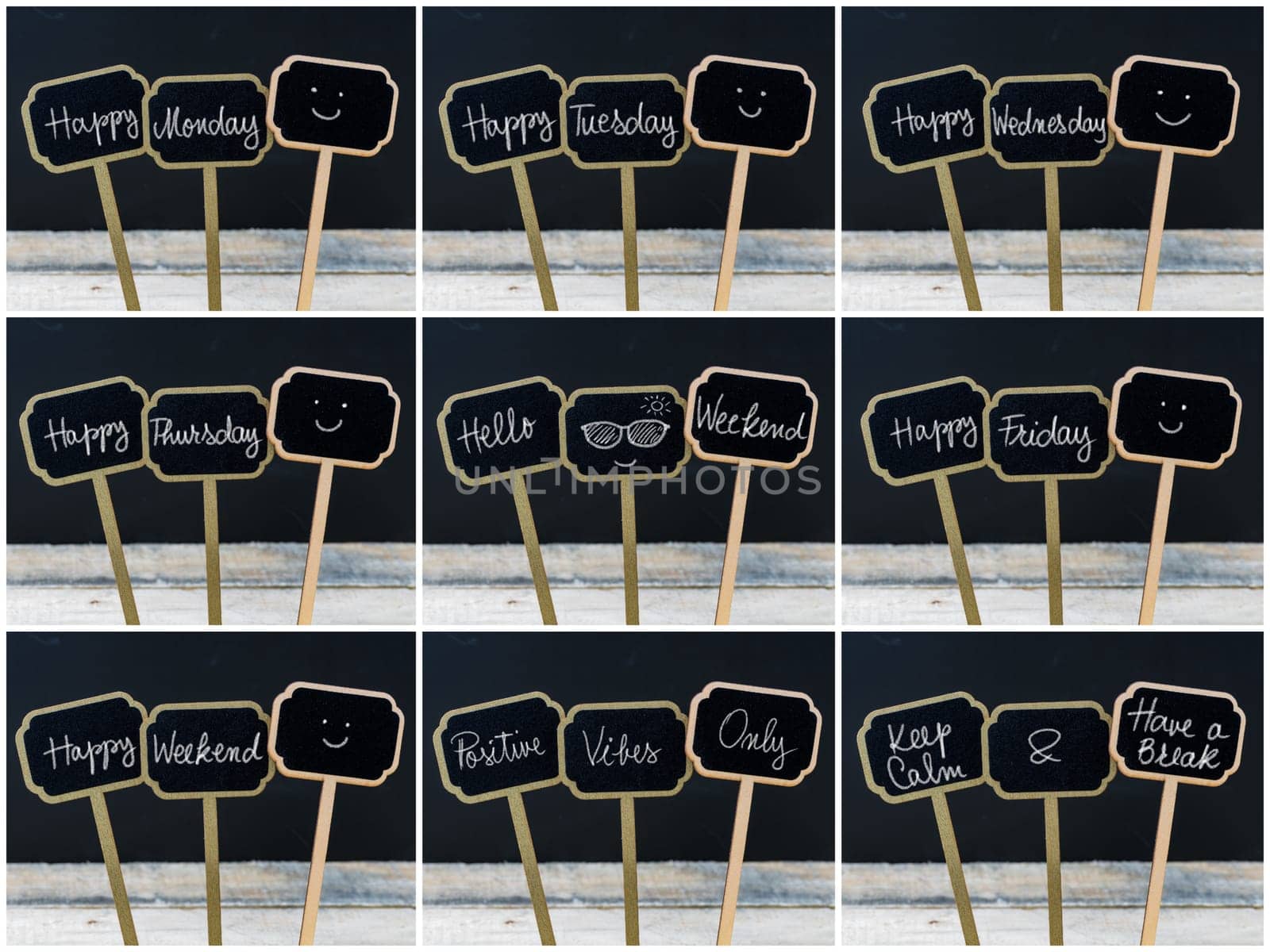 Photo collage of various greeting messages written with chalk on wooden mini blackboard labels, defocused chalkboard and wood table in background