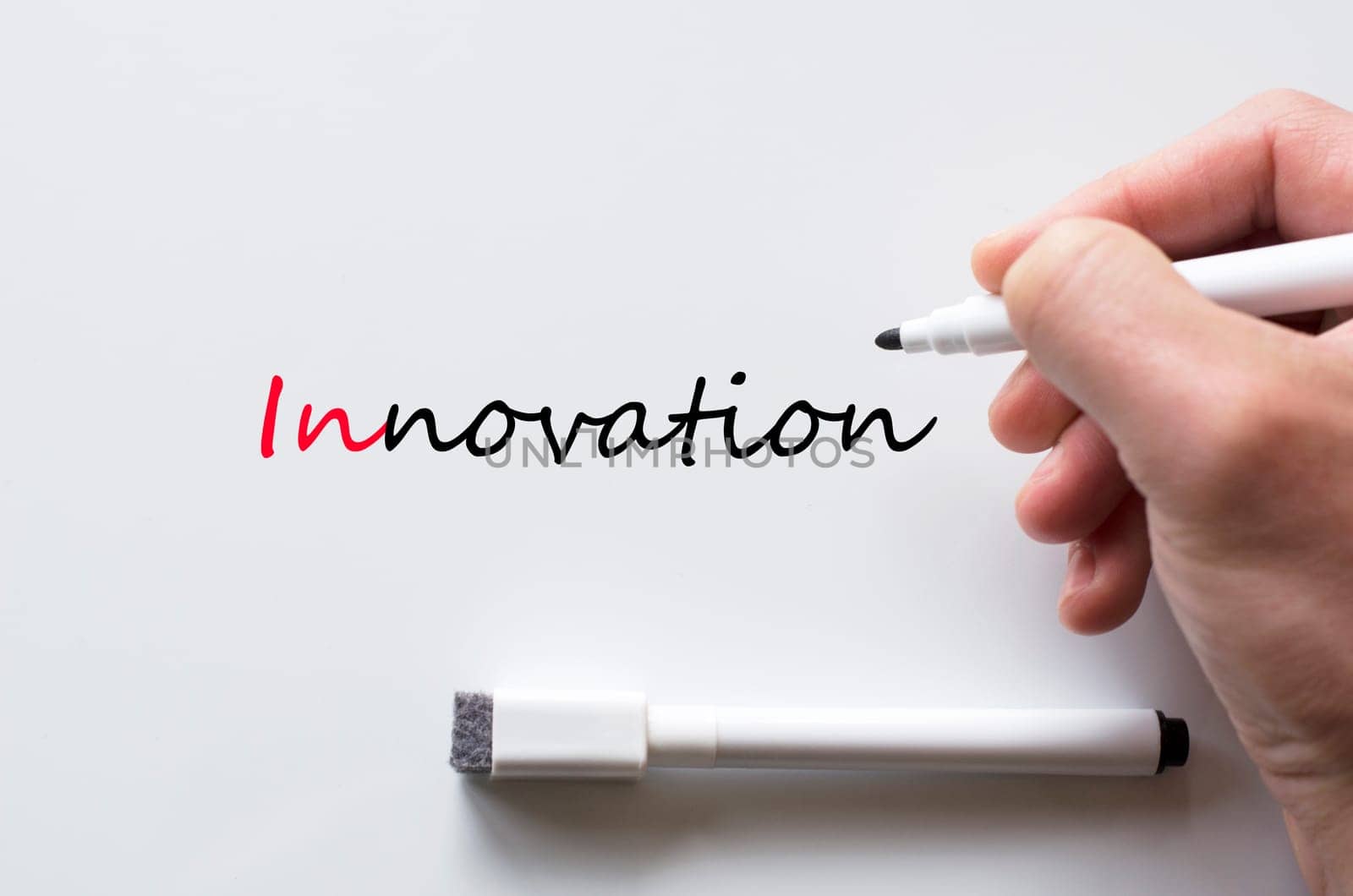 Human hand writing innovation on whiteboard