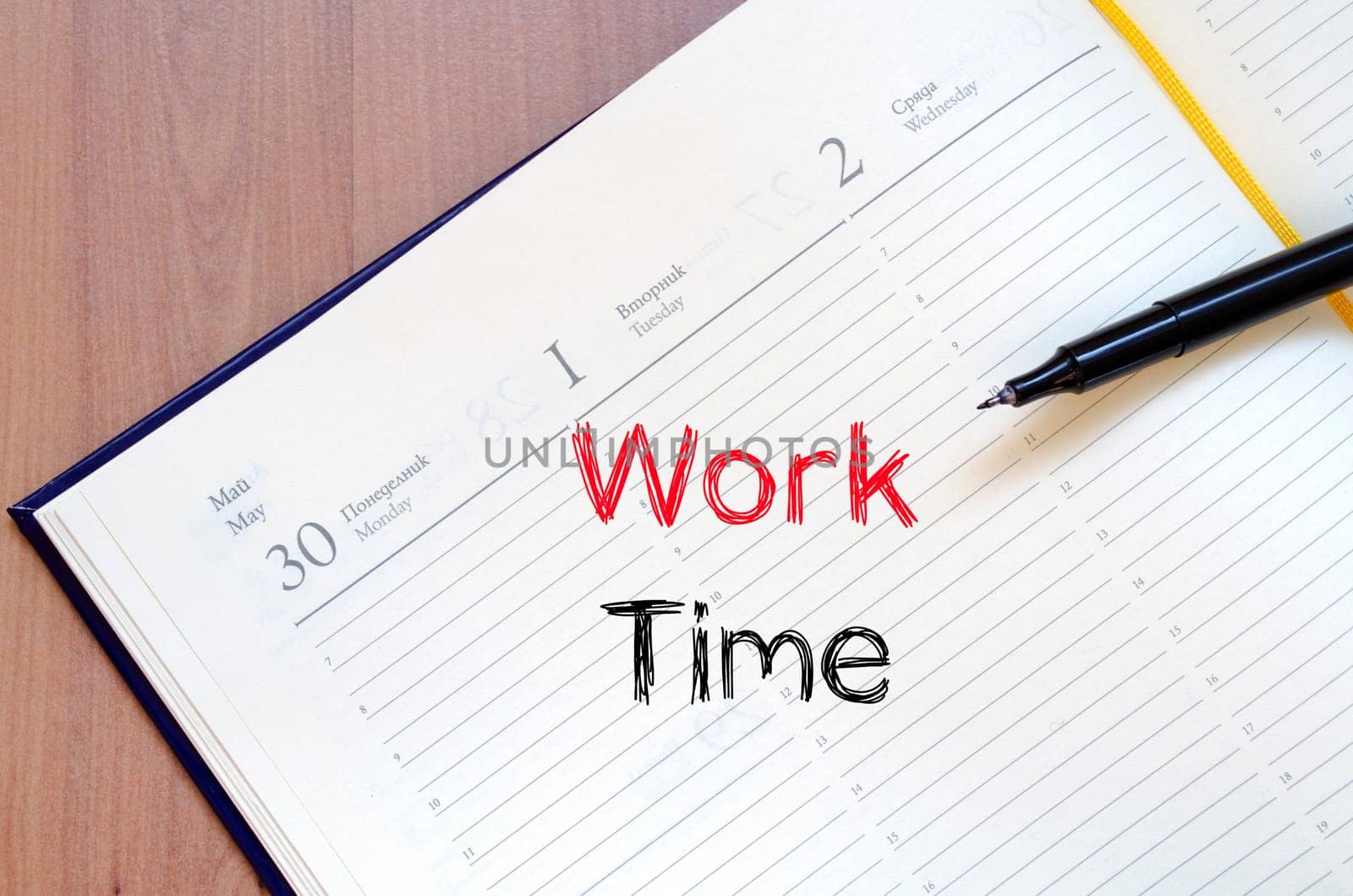 Work time text concept write on notebook