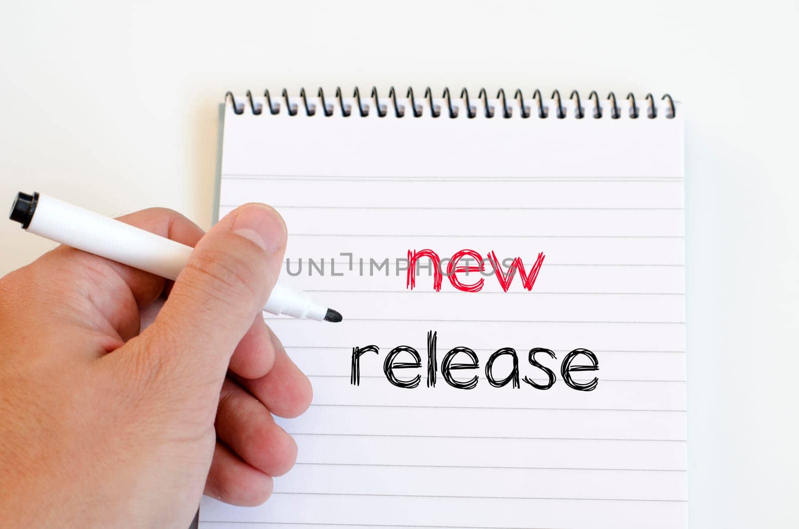 Human hand and notepad over white background