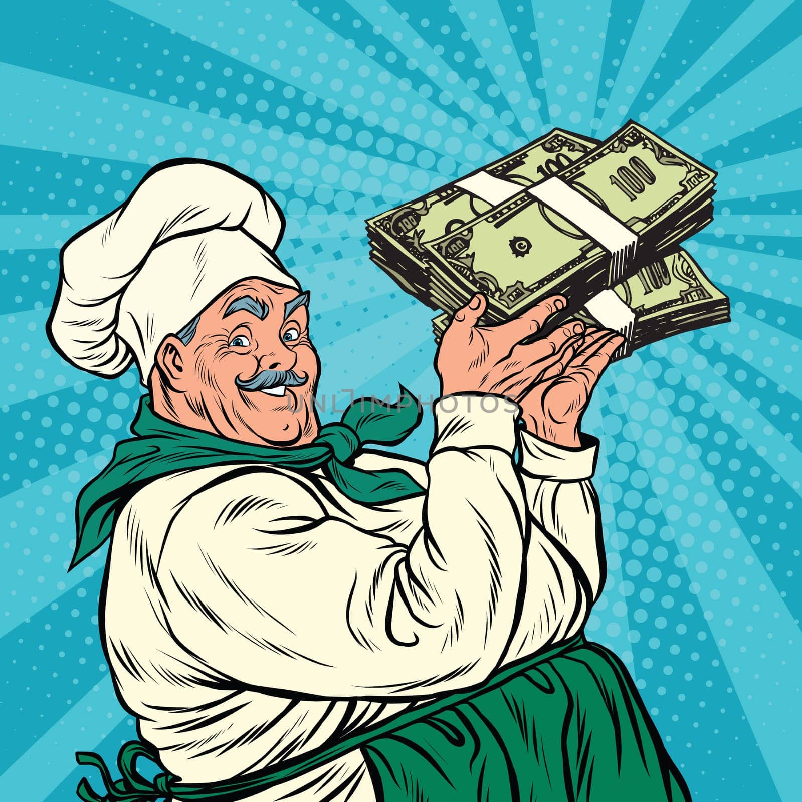 Retro chef with a bundle of money, pop art retro vector illustration
